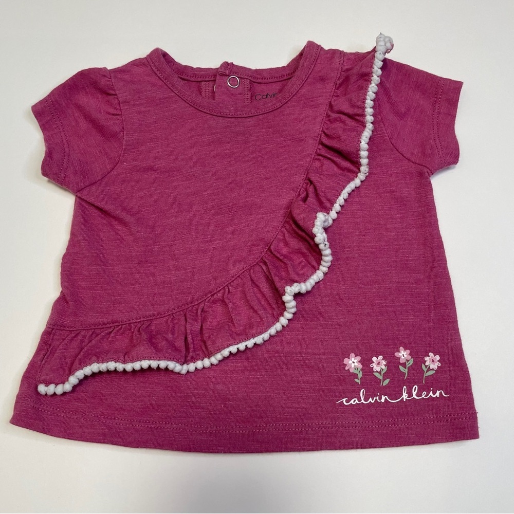 Calvin Klein Baby Girls 6/9M Magenta Pink Ruffle Pom Pom Flower T-Shirt Top